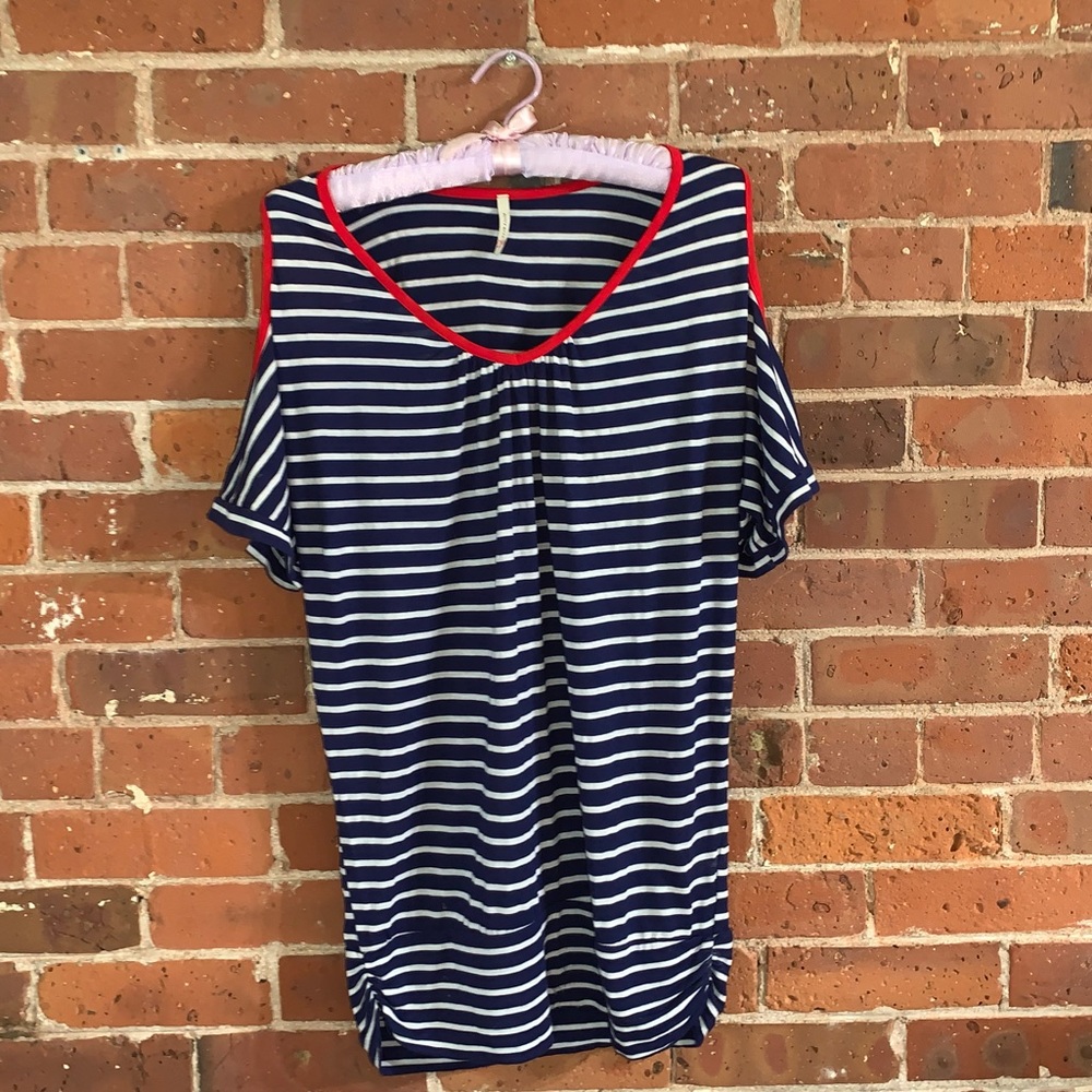 Olivia Moon Cold Shoulder Blue and White with Red Trim Shirt Made in USA -Medium
